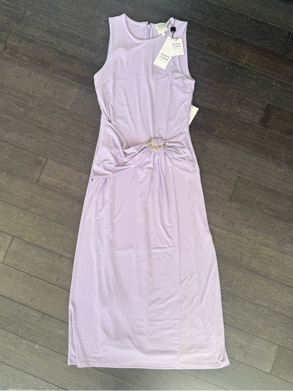 NWT HERVE LEGER PARIS WOMENS THE BROOKE MIDI DRESS, SIZE SMALL, LIGHT PURPLE